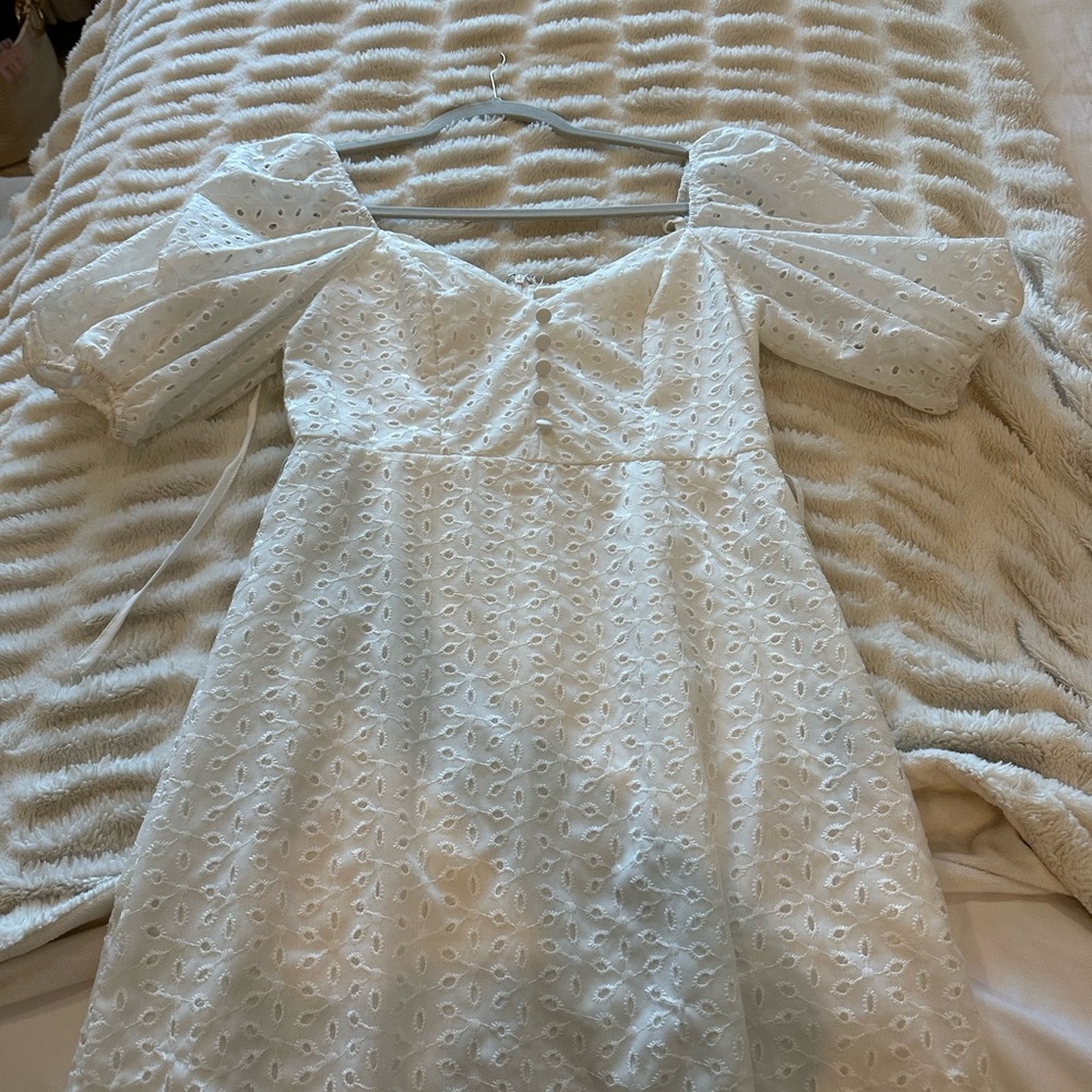 White Eyelet Puff-Sleeve Midi Dress